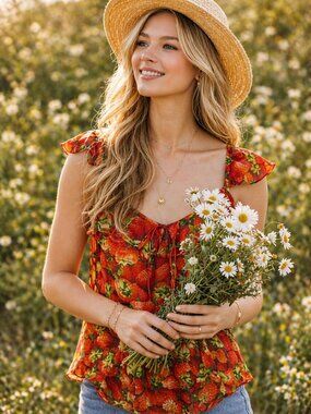 Anthropologie Strawberry Print Sleeveless Cotton Top Summer Blouse Size 6